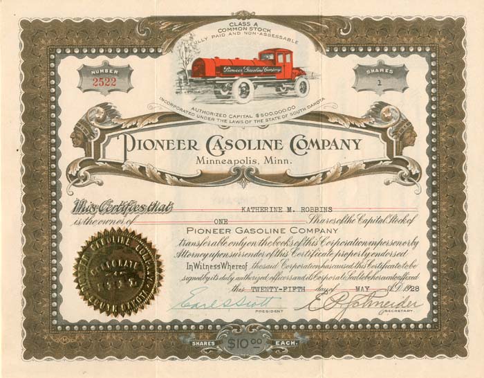 Pioneer Gasoline Co. - Stock Certificate